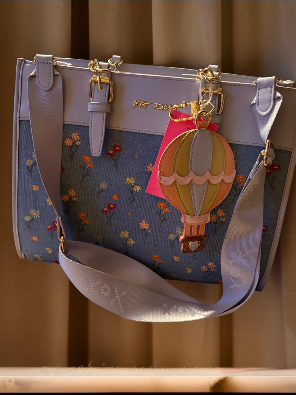 Betsey Johnson Denim Floral Satchel with Pastel Hot Air Balloon Charm NWT 💐 - Picture 7 of 13